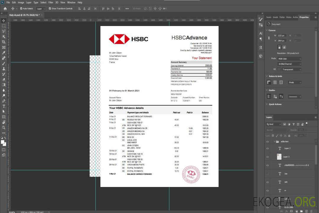 Modèle de relevé bancaire France HSBC au format Excel et PDF template